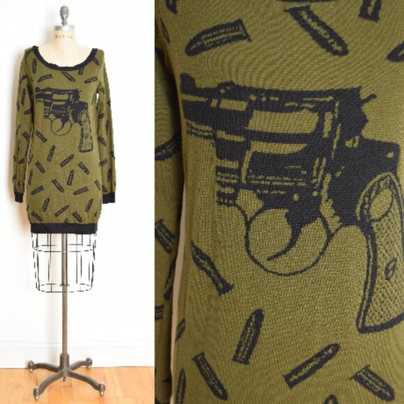 vintage Y2K dress Betsey Johnson green GUNS pistol sweater mini dress M L - Picture 1 of 10